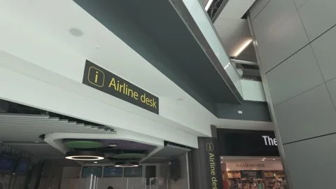 Airline desk in Gatwick airport terminal, D-Log 4k Stock Footage 280564519