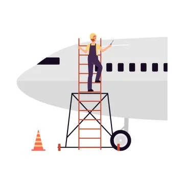Airline engineer climbing plane for maintenance, vector illustration isolated. Stock Illustration