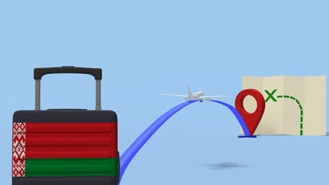 Airline flying to map with a suitcase containing the flag of  - Belarus Stock Footage 234032216