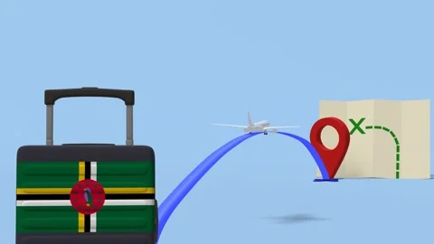 Airline flying to map with a suitcase containing the flag of  - Dominica Stock Footage 234032229