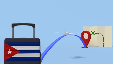 Airline flying to map with a suitcase containing the flag of  - Cuba Stock Footage 234032254
