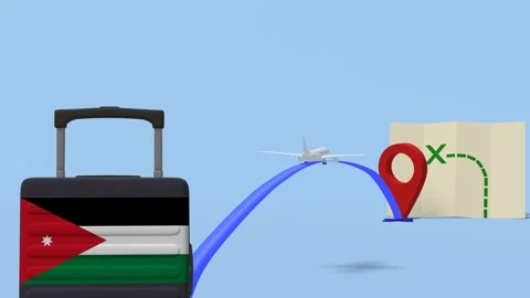 Airline flying to map with a suitcase containing the flag of  - Jordan Stock Footage 234032257