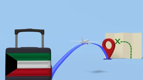 Airline flying to map with a suitcase containing the flag of  - Kuwait Stock Footage 234032298