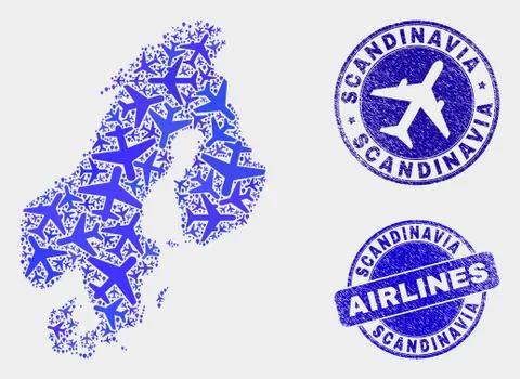 Airline Mosaic Vector Scandinavia Map and Grunge Stamps 스톡 일러스트