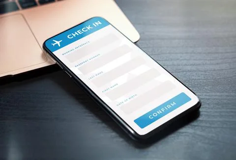 Airline online check-in application form. Self-registration and obtaining Stock Photos