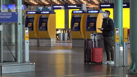 Airline passengers empty train station airport, quarantine lockdown Covid-19 Video stock 127701369