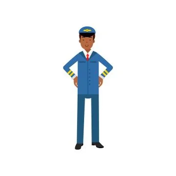 Airline pilot in blue uniform standing with hands on his waist vector Stock Illustration