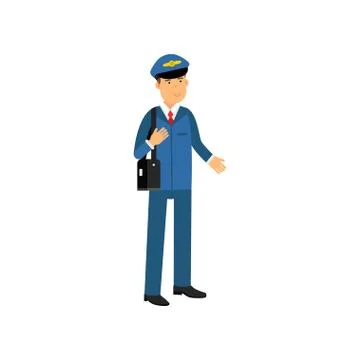 Airline pilot in blue uniform standing with bag, aircraft captain vector Stock Illustration