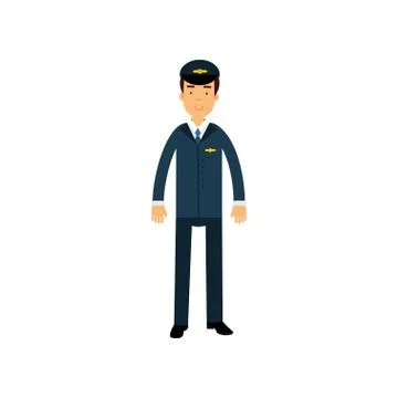 Airline pilot in blue uniform standing with bag, aircraft captain vector Stock Illustration