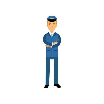 Airline pilot in blue uniform standing with folded hands, aircraft captain Stock Illustration