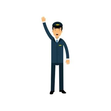 Airline pilot in blue uniform standing standing with open mouth and gesturing Stock Illustration