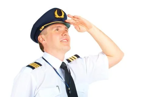 Airline pilot looking upwards Stock Photos