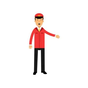 Airline pilot in red uniform doing a welcome gesture, aircraft captain vector Stock Illustration