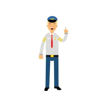 Airline pilot in uniform standing with open mouth and pointing finger up vector Stock Illustration
