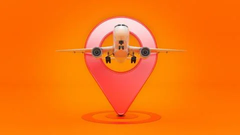 Airline travel concept. Airport pointer. Airplane and pin isolated on white Stock Illustration