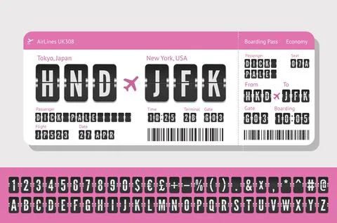 Airline vector ticket with flip scoreboard alphabet. Pink paper boarding pass Stock Illustration
