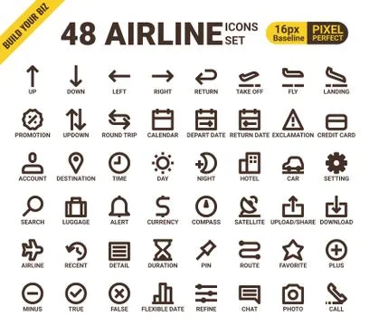 Airline web universal pixel perfect line icons Illustrazione stock