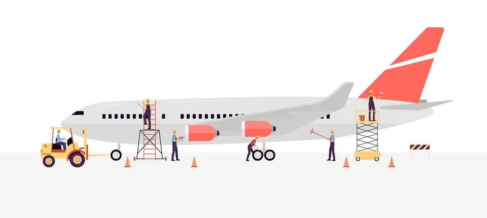 Airline workers or engineers maintain a plane flat vector illustration isolated. Stock Illustration
