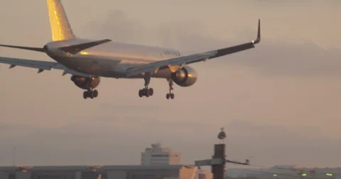 Airliner lands at LAX during sunset - slow motion Stock Footage