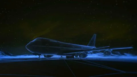 Airliner on the runway in the mountains. Night sky. Transition wireframe Stock Illustration