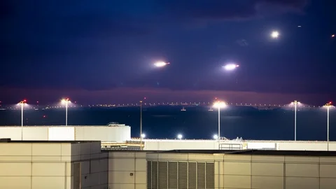 Airliners Flying in a Night Sky Final Approach Timelapse Video stock 108608202