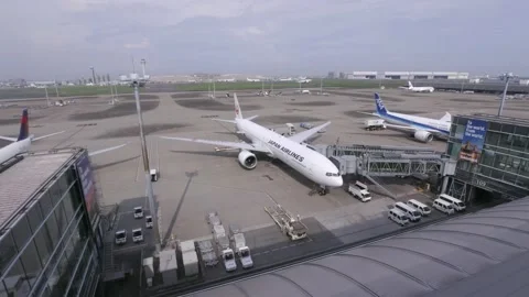 Airlines are loading and unloading at the airport gate in Haneda, Japan. Stock Footage 205563319