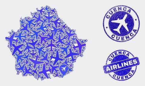 Airlines Composition Vector Cuenca Province Map and Grunge Stamps Illustrazione stock