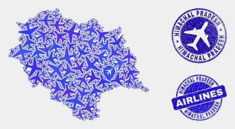 Airlines Composition Vector Himachal Pradesh State Map and Grunge Stamps Illustrazione stock