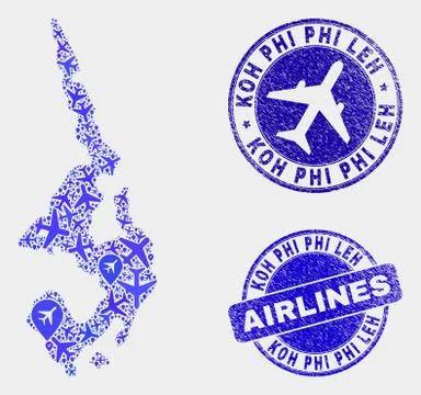 Airlines Composition Vector Koh Phi Leh Map and Grunge Stamps Stock Illustration