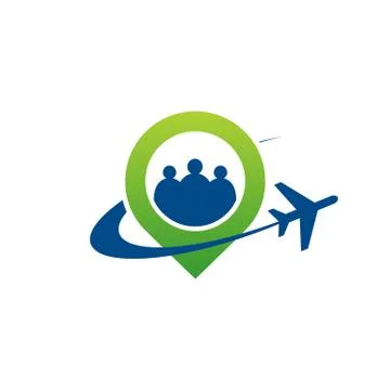 Airlines green pointer with airplane goes around and group of people inside v Stock Illustration