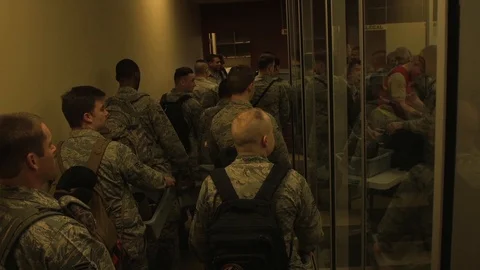 Airmen queue for customs checks  Stock Footage 88129032
