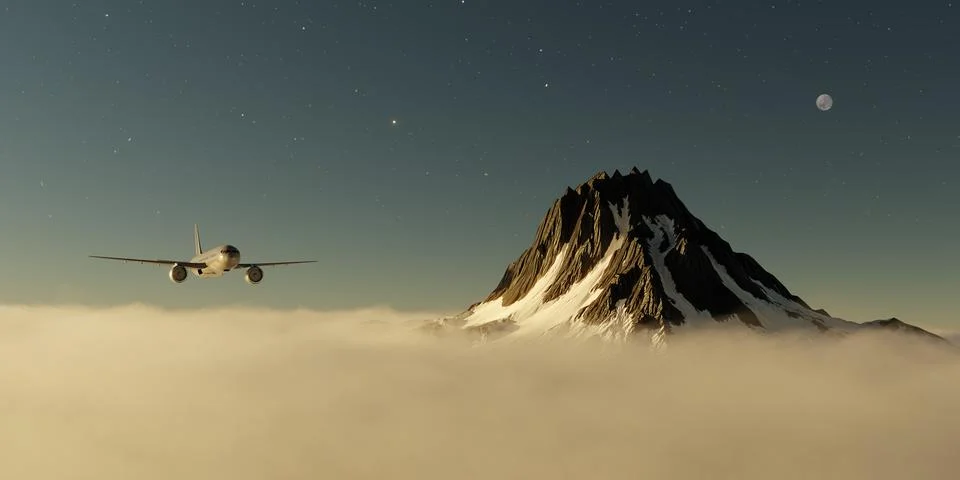 An airplane above the clouds through which a mountain rises with a moon and.. Stock Illustration