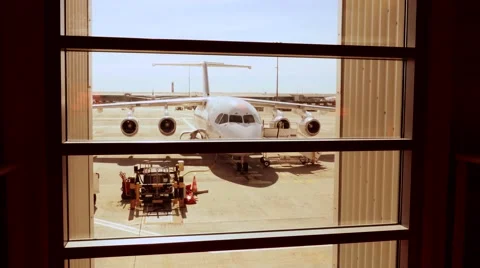 Airplane aircraft plane. airport gate terminal. transportation boing jet charter Vidéo 64541853