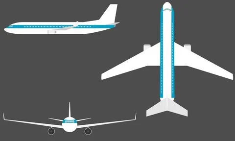 Airplane aircraft technical projections with side top and front views Stock Illustration