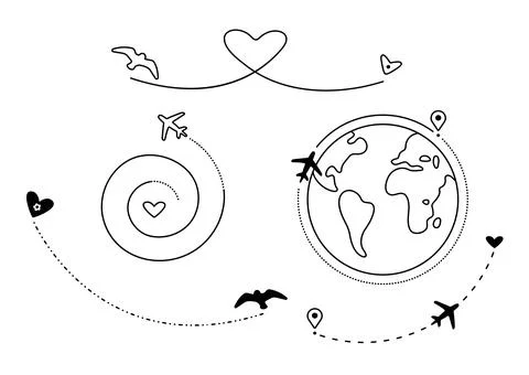 Airplane and bird path set, vector signs Stock Illustration