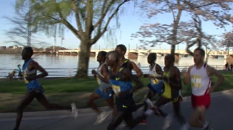 AIRPLANE AND CHERRY TREES TO ELITE MALE RUNNERS - 10195R Stock Footage 50794153