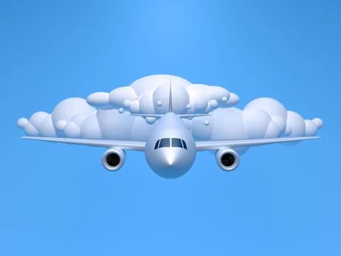 Airplane and clouds on blue background. Travel and business concept, 3D render. Illustrazione stock
