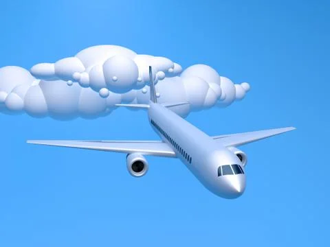 Airplane and clouds on blue background. Travel and business concept, 3D render. Stock Illustration