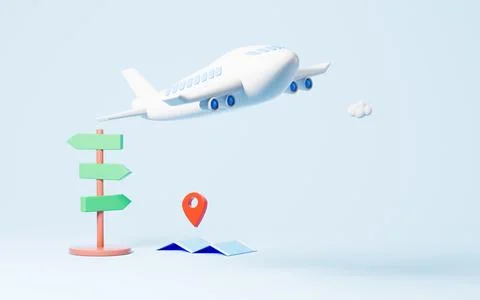 Airplane and guidepost with blue background, Travel theme, 3d rendering. Stock Illustration