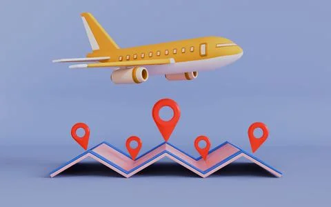 Airplane and map navigating, Tourism theme 3d illustration Illustrazione stock
