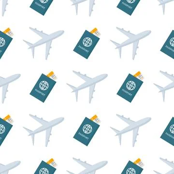 Airplane and passport pattern on white background Illustrazione stock