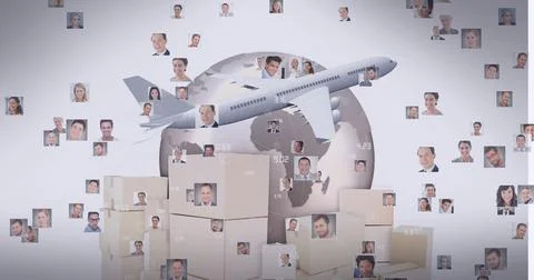 Airplane and stack of cardboard boxes over network of profile icons against Stock Photos