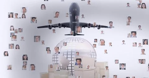 Airplane and stack of cardboard boxes over network of profile icons against Stock Photos