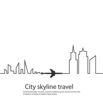 Airplane between the two cities and its track and skyline on white background Stock Illustration