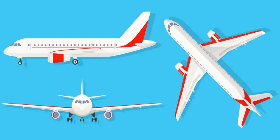 Airplane on blue background in different point of view. Airliner in top, si.. Stock Illustration