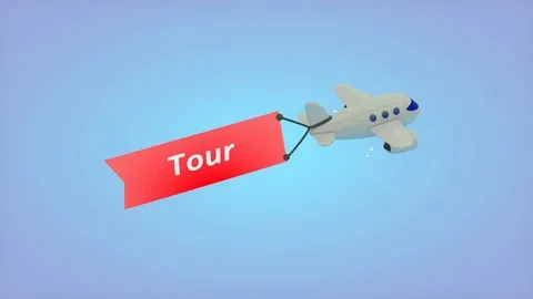 Airplane on blue background with text on flag, Tour. Stock Footage 71763950