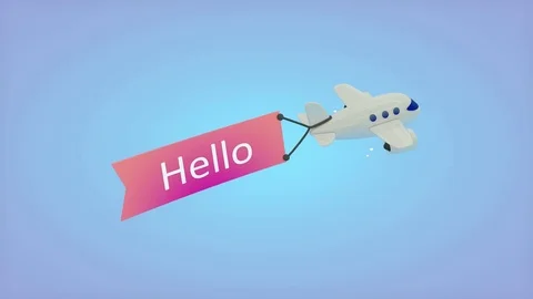 Airplane on blue background with text on flag, Hello. Stock Footage 71764125