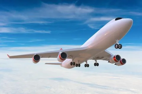 Airplane on blue sky. 3D rendered illustration. 스톡 일러스트