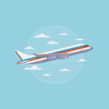 Airplane in blue sky with white clouds. Traveling and air freight vector concept Stockillustratie