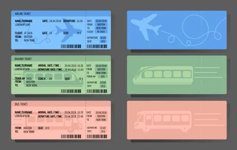 Airplane Bus Train tickets concept design Stock Illustration
